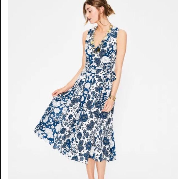 Boden 100% Silk Allyson Blue Floral Cottagecore Sleeveless Wrap Midi Dress 12R - Picture 3 of 8